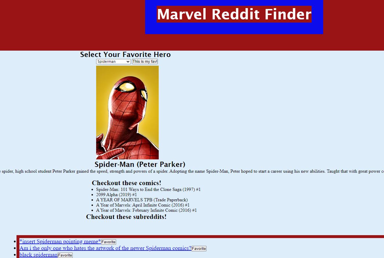 screenshot of marvel reddit finder